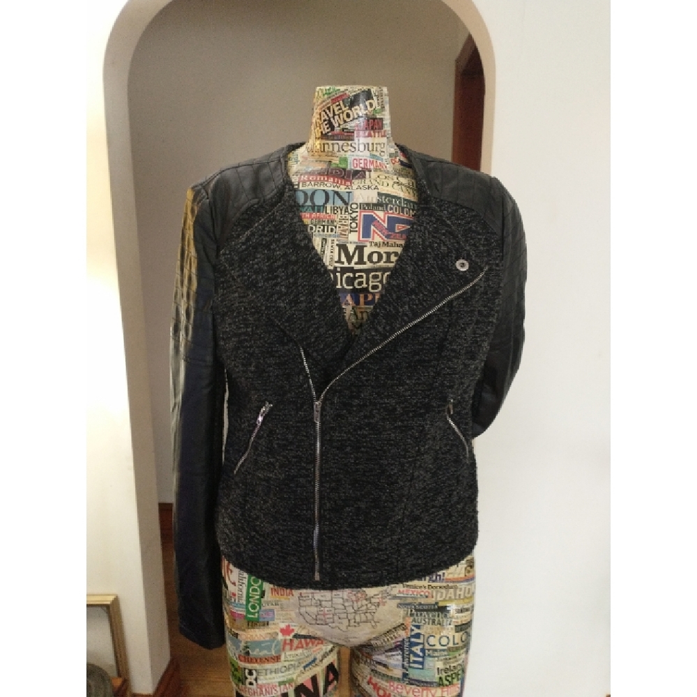 $4.99 SHIP! EUC Black Tweed and Leather Moto Jacket, size Large